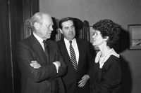 Jeffrey R. Holland and his wife, Patricia, visit with President Gerald R. Ford, the 38th president of the United States during his visit to Brigham Young University, March 19, 1987.
