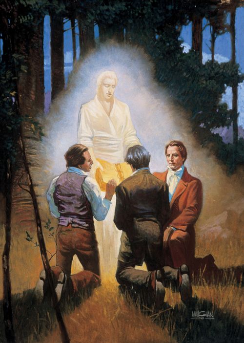 painting of three men kneeling in front of Angel Moroni, who is holding golden plates
