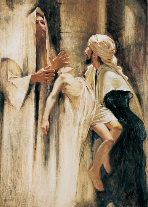 Christ in a white robe, looking to heaven and praying while a young boy is held out to Him by his father.