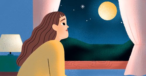 girl looking out window at moon