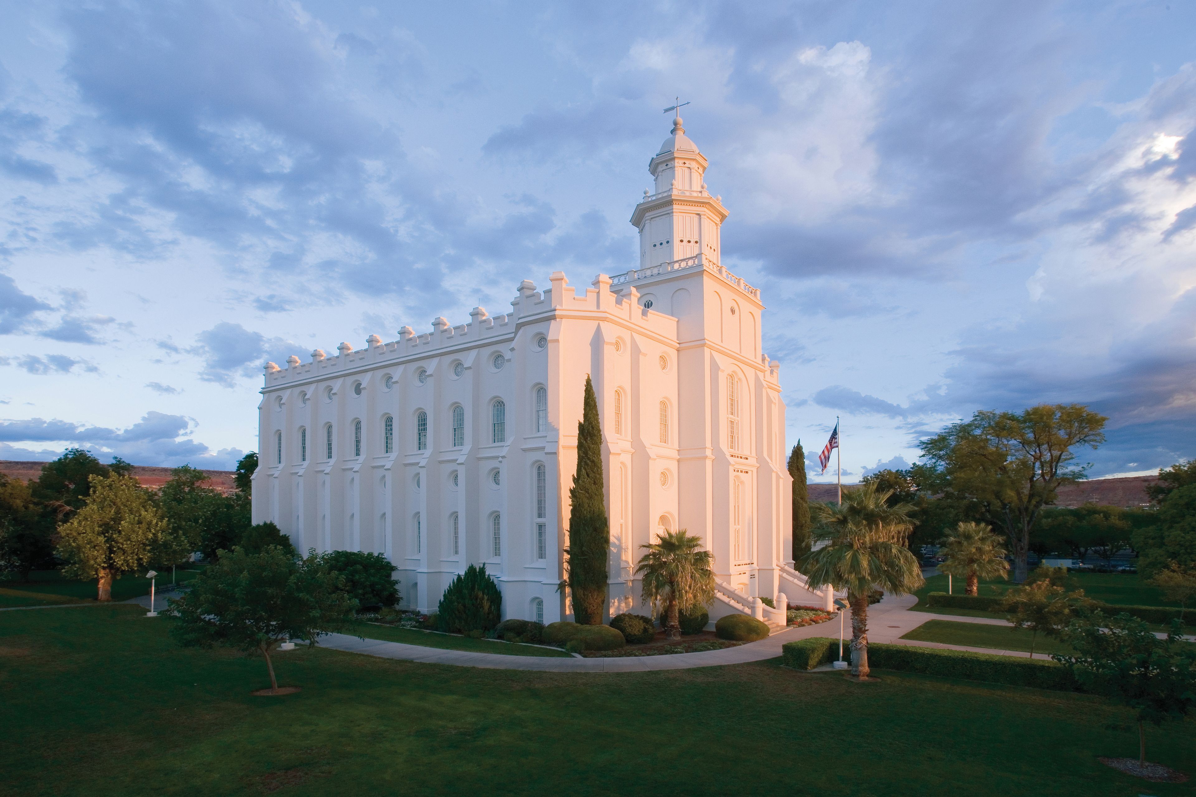 The St. George Utah Temple in the early evening.