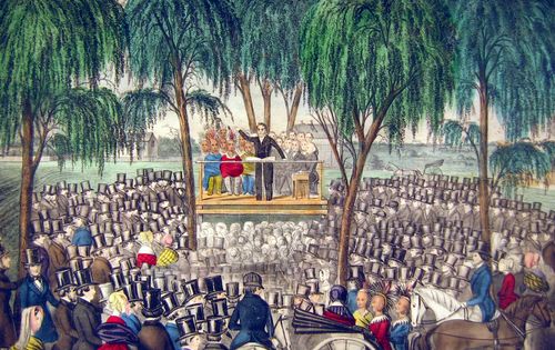 illustration of man preaching on a platform to a large crowd among a group of trees