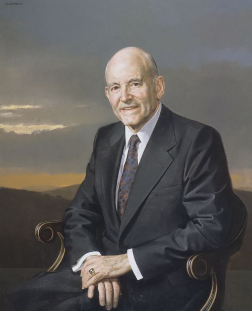 A painted portrait by William F. Whitaker Jr. of President Howard W. Hunter in a black suit, sitting in a wooden chair, with a landscape in the background.