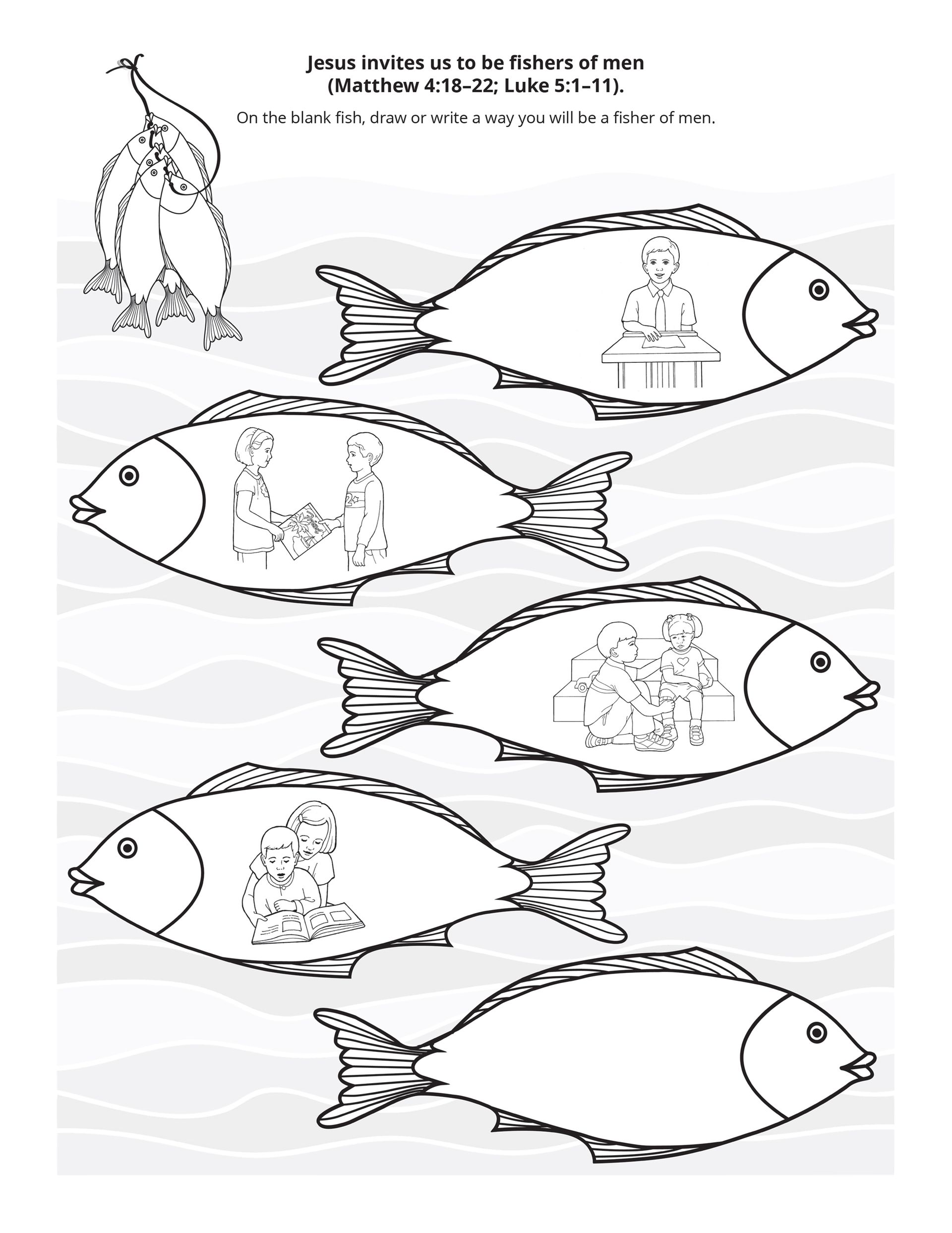 An illustration of fish with examples of how to be fishers of men.