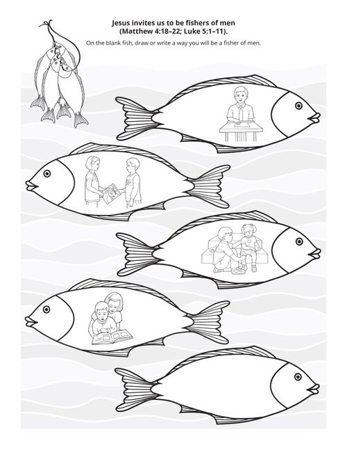 A black-and-white illustration of fish with instructions to write ways to be fishers of men. (Matthew 4:18–22; Luke 5:1–11.)