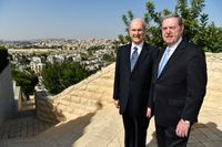 President Russell M. Nelson and Elder Jeffrey R. Holland look out at Jerusalem from the BYU Jerusalem Center on April 14, 2018.