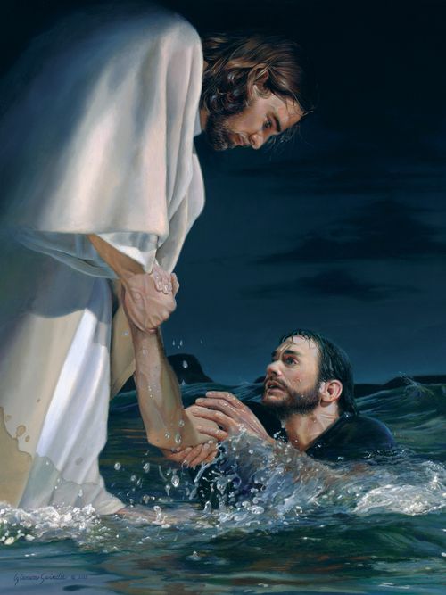 Jesus lifting Peter out of the water.