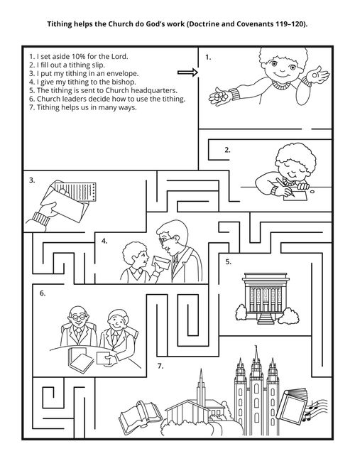 Line drawing depicts a maze to show the steps to paying tithing.