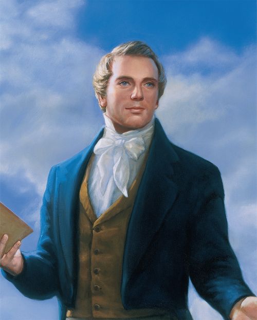 Joseph Smith holding a Book of Mormon.