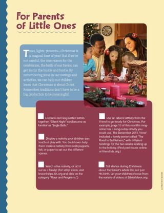 a family looking at a nativity set