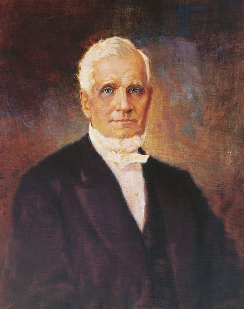 A painted portrait by John Willard Clawson of John Taylor in a dark suit.