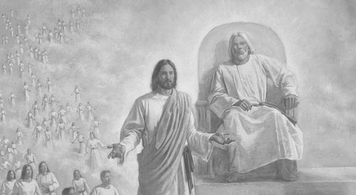 personas reunidas para el concilio de los cielos con el Padre Celestial y Jesucristo