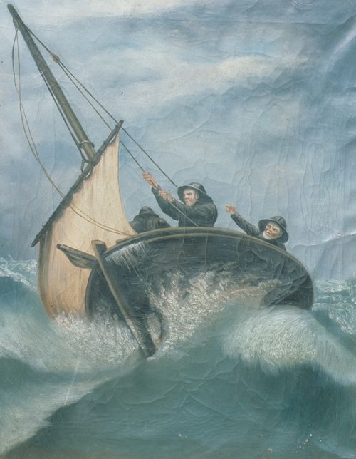 A painting of three men in a small fishing boat during a storm at sea.