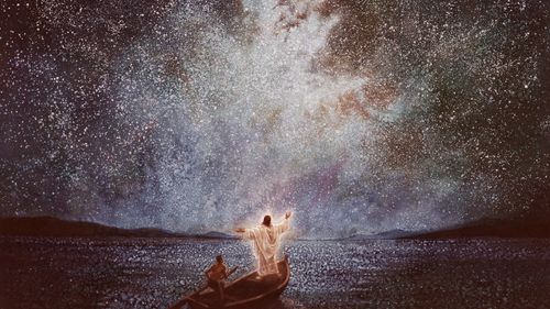 Jesus in a boat with another man beneath a starry sky