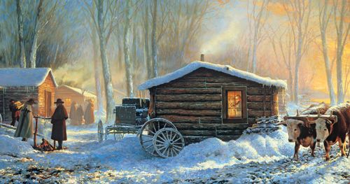 Painting depicts log cabins in snow at Winter Quarters at evening.