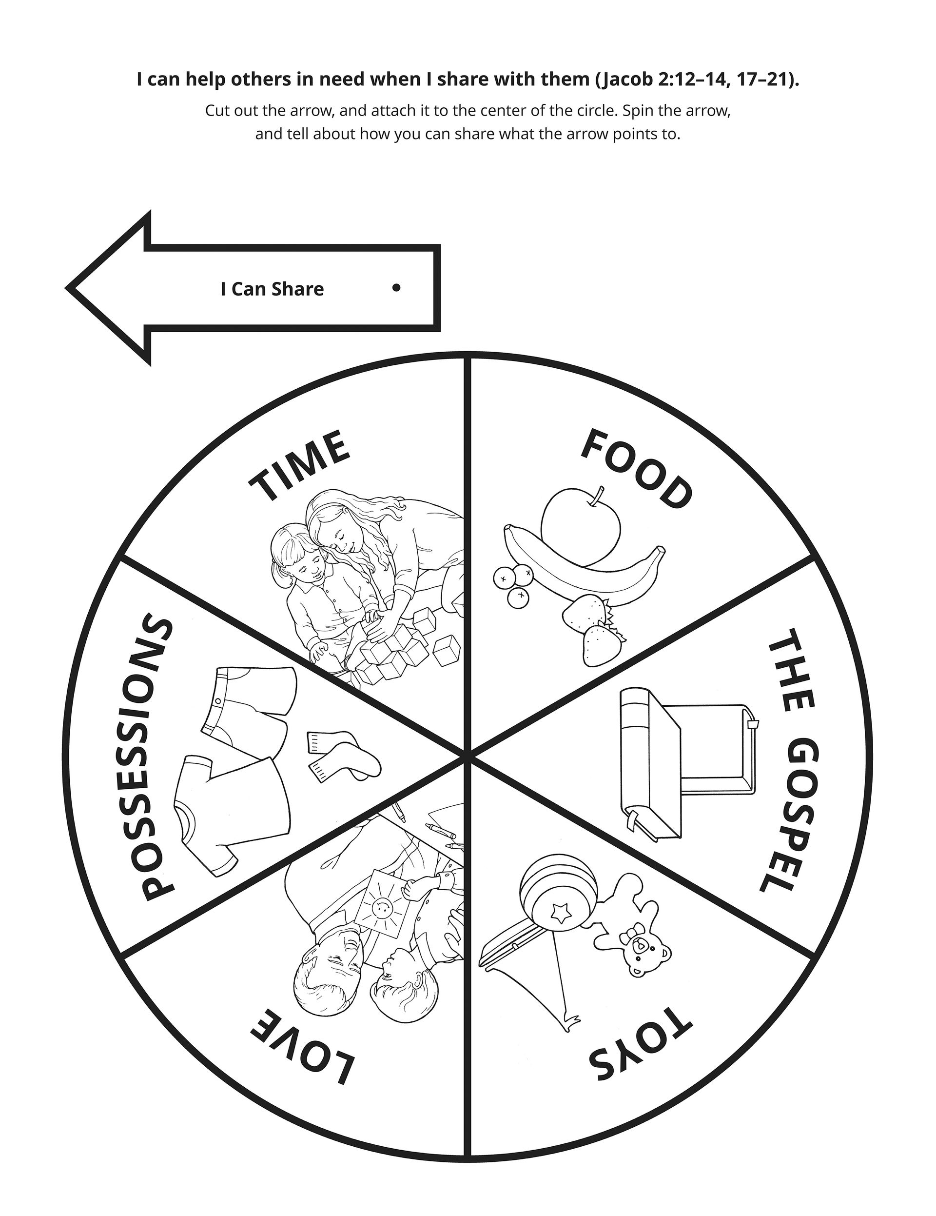 A line-art spinning wheel activity that teaches about sharing.