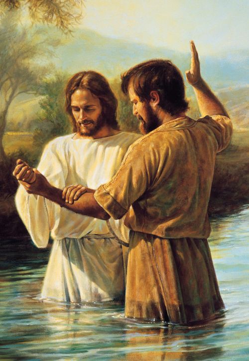 John the Baptist standing in the River Jordan next to Jesus Christ with his arm raised.