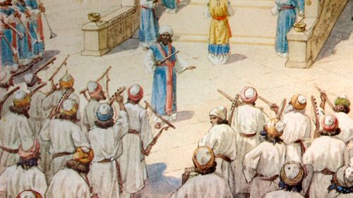 musicians standing in front of the temple of Solomon