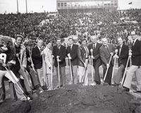BYU President Jeffrey R. Holland and other Church leaders and dignitaries break ground for the expansion of Cougar Stadium in 1981.