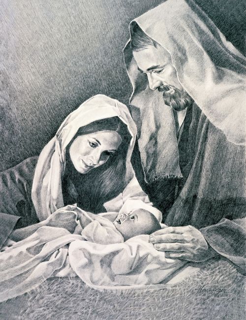 A black and white drawing of Mary and Joseph at Christ’s birth.