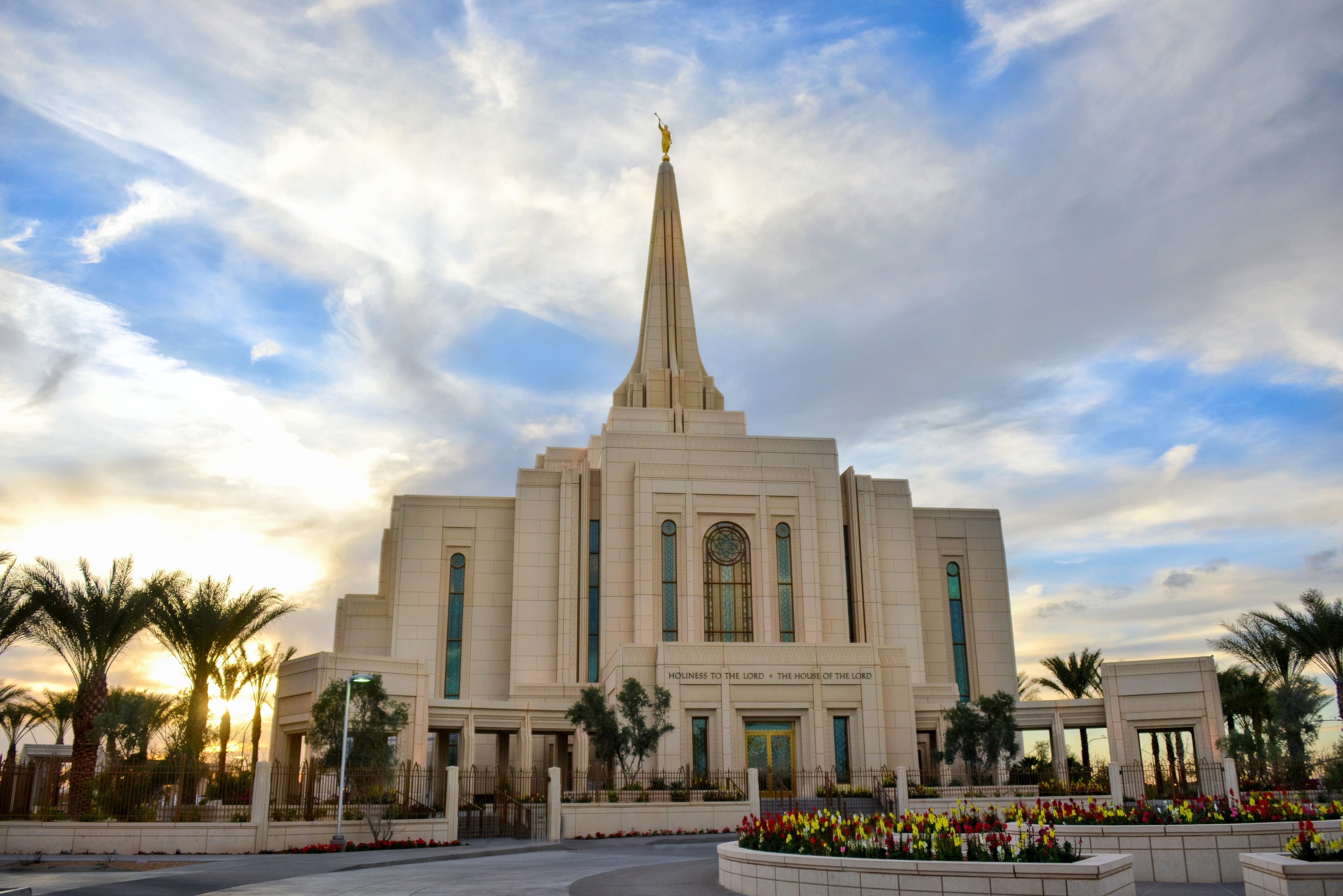 The Gilbert Arizona Temple and grounds in the late afternoon.