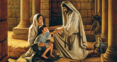 Painting depicts Jesus Christ kneeling to heal a crippled child who is sitting in his mother's lap.