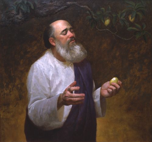 A painting depicting Lehi standing next to the tree of life, looking heavenward and holding a piece of fruit.