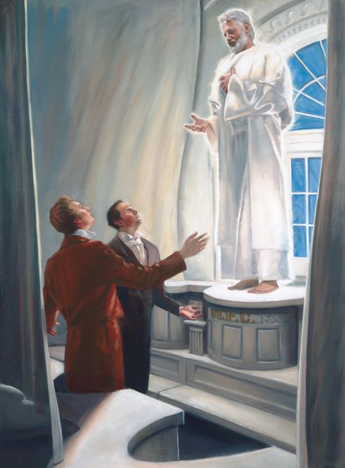 A painting by Dan Lewis showing Elijah in a white robe, standing by a window inside the Kirtland Temple and talking to Joseph Smith and Oliver Cowdery.