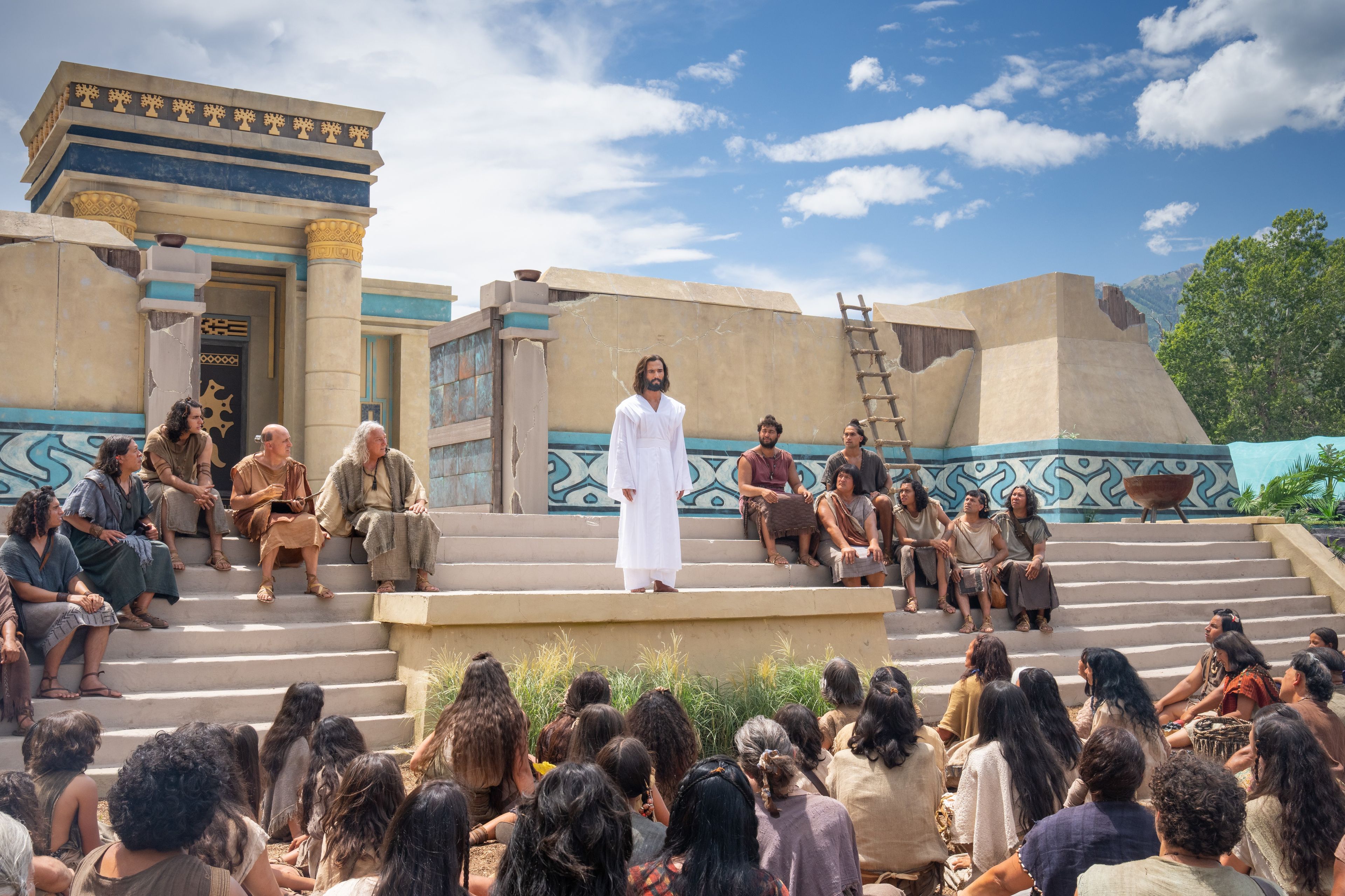 Jesus Christ teaches that He will return to the Father, but then invites all to come to be healed. He teaches the Nephites in the City of Bountiful outside the temple.