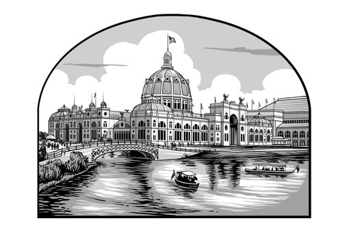 橋が架かり船が浮かぶ広い運河の後ろに建つ，宮殿のようなドーム型の建物