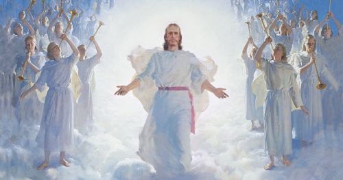 The resurrected Jesus Christ (wearing white robes with a magenta sash) standing above a large gathering of clouds. Christ has His arms partially extended. The wounds in the hands of Christ are visible. Numerous angels (each blowing a trumpet) are gathered on both sides of Christ. A desert landscape is visible below the clouds. The painting depicts the Second coming of Christ. (Acts 1:11)