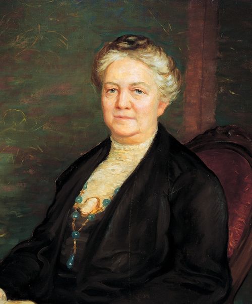 A painted portrait by Lee Greene Richards of Clarissa Smith Williams against a green and red background, sitting in a red chair, wearing a black dress and shawl.