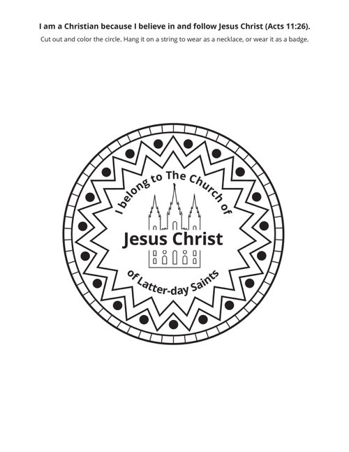 A black-and-white printable badge for children with a drawing of the Salt Lake Temple. The badge reads “I belong to The Church of Jesus Christ of Latter-day Saints.”