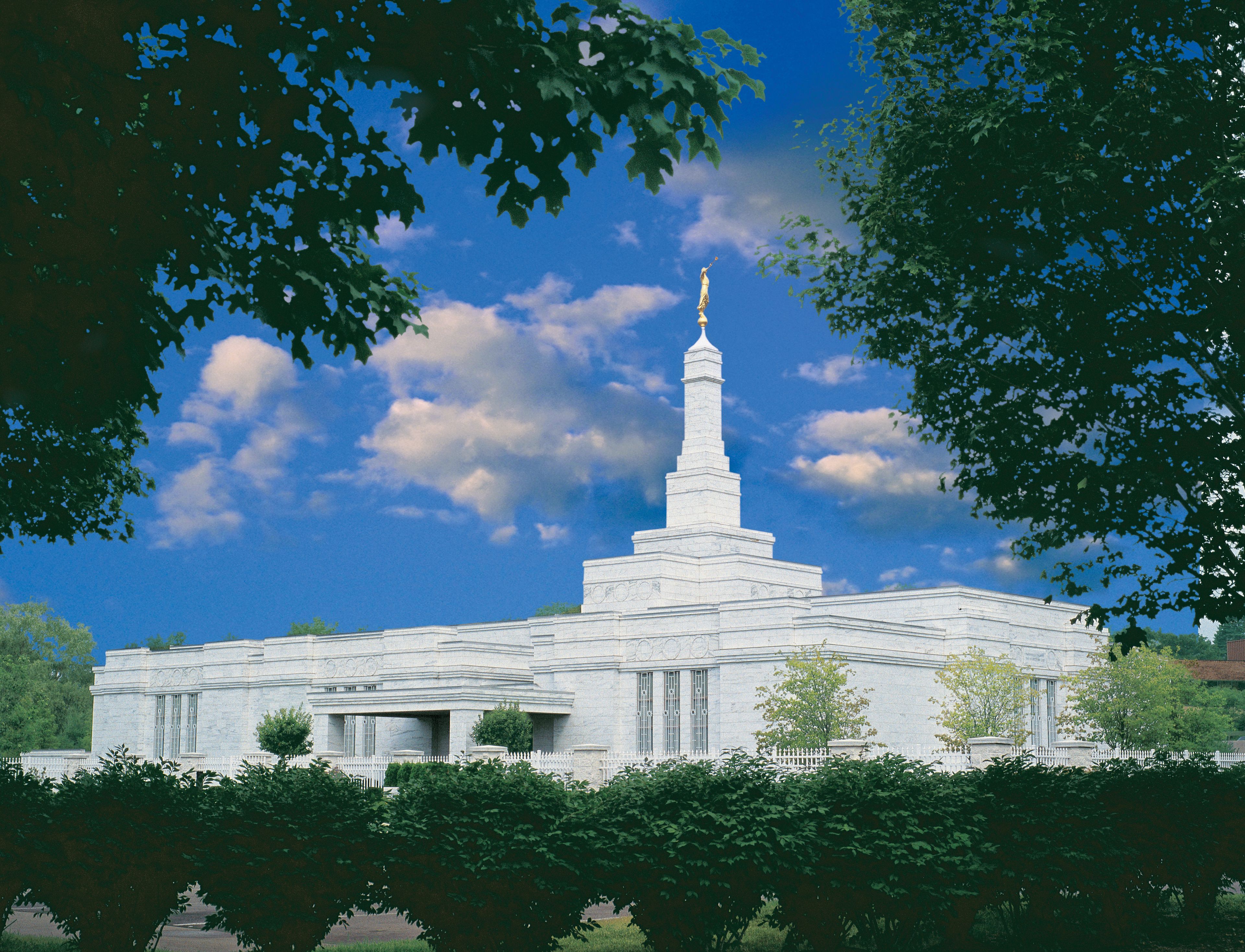 An exterior view of the Detroit Michigan Temple during the day.