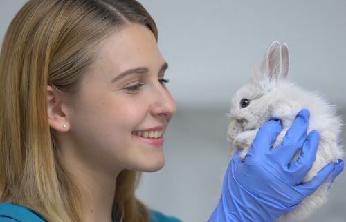 A woman smiles as she holds up a little white bunny rabbit.