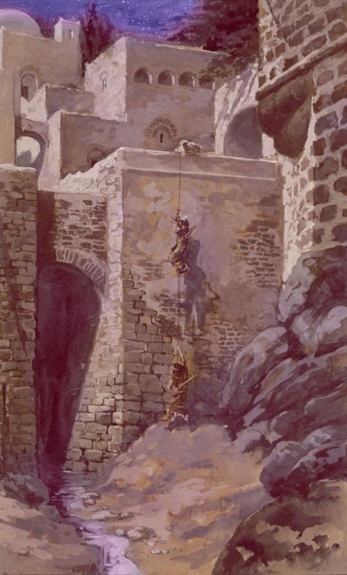 two men lowering themselves with a rope from the walls of Jericho