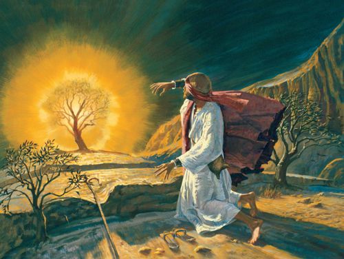 A painting by Jerry Thompson showing Moses with his sandals off, falling backward near a large burning bush.