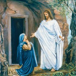 Jesucristo resucitado con un cuerpo de carne y hueso se aparece a María Magdalena fuera de la tumba vacía del jardín