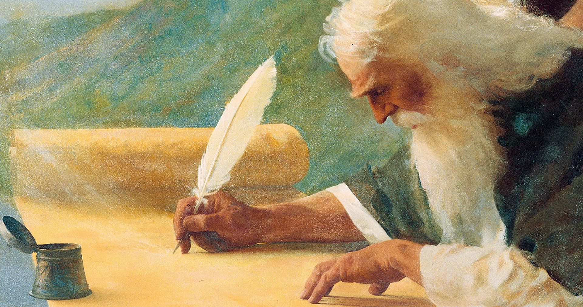 Painting of the prophet Isaiah writing on a large scroll.
