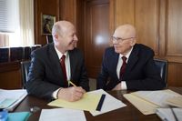 President Dallin H. Oaks and Rick Turley sit together in President Oaks' office.