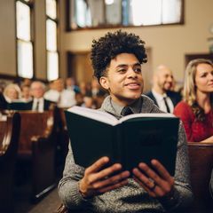 People sitting inside a chapel have sacrament meeting or another church meeting. A young man is holding a hymn book.