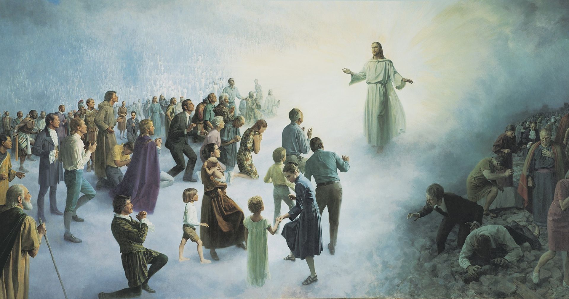 Resurrected Christ with arms outstretched stands above a throng of people of all races and times, some prone, some standing. The people on the right side of Christ are in the attitude of worship. The people on the left side of Christ are in anguish. Scenes of ruin are in the foreground and background. The Washington D.C. temple is pictured in the upper left corner.