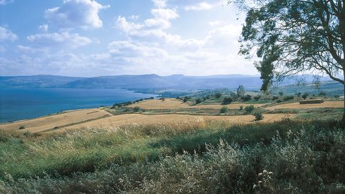 the Sea of Galilee and the traditional site of the Mount of Beatitudes