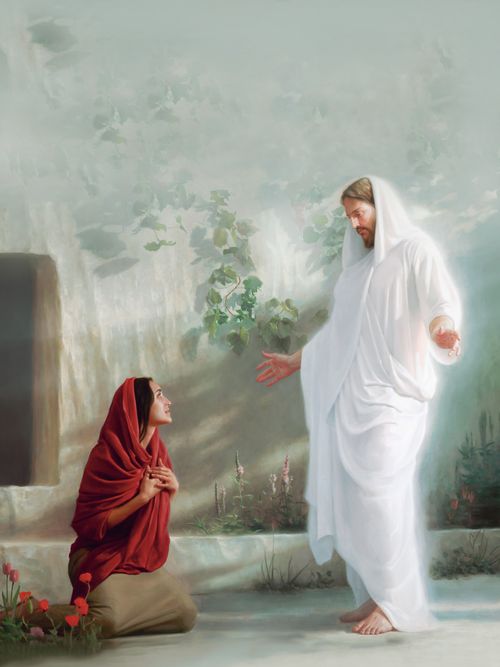 A painting of the resurrected Christ appearing to Mary Magdalene at the entrance to the empty tomb. 