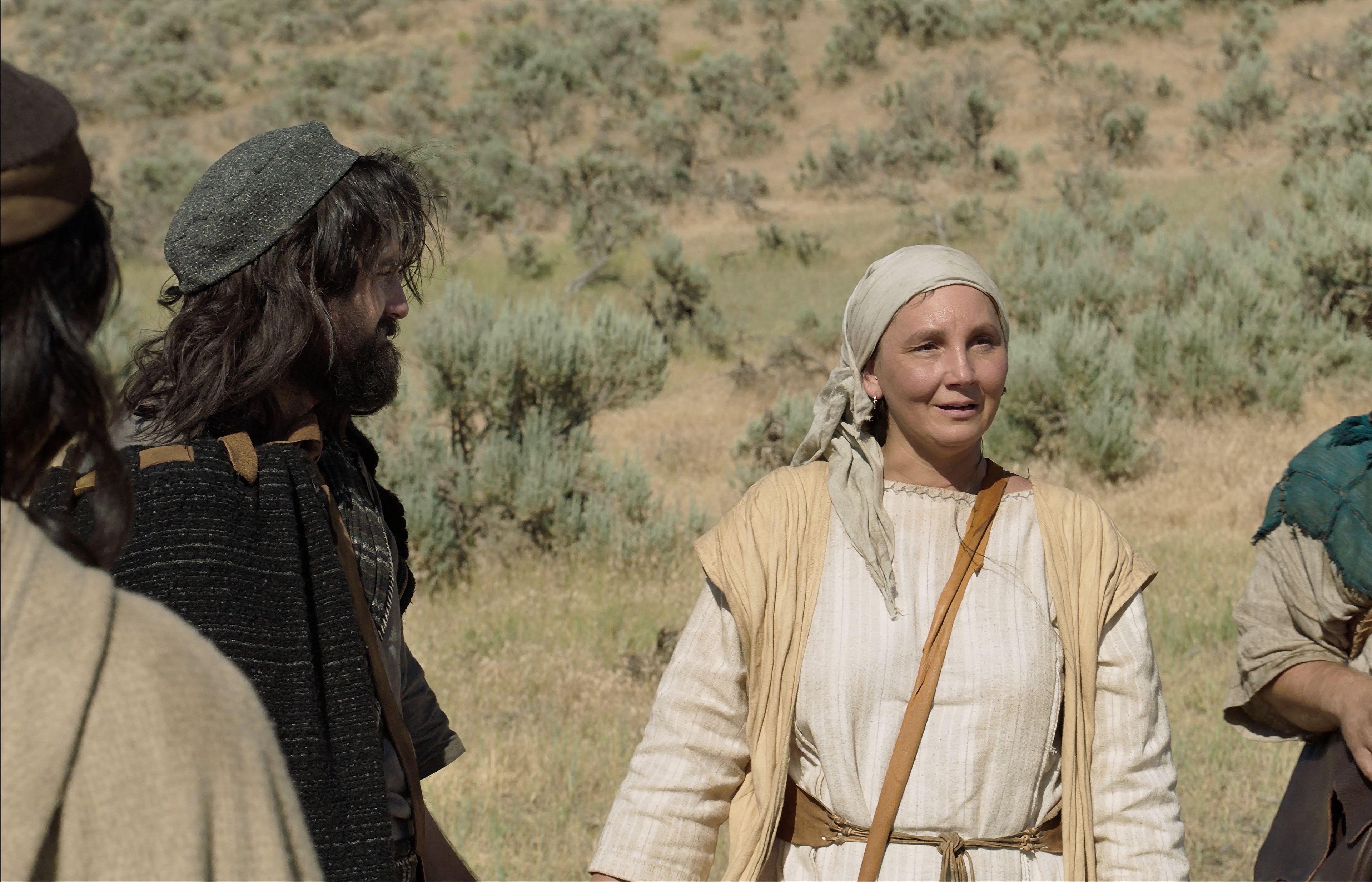 Sariah greets her sons as they return to the camp in the wilderness.