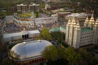 Aerial view of Temple Square after the Priesthood Session, April 2012. Also visible, visitors’ center, Tabernacle, and the  Conference Center.