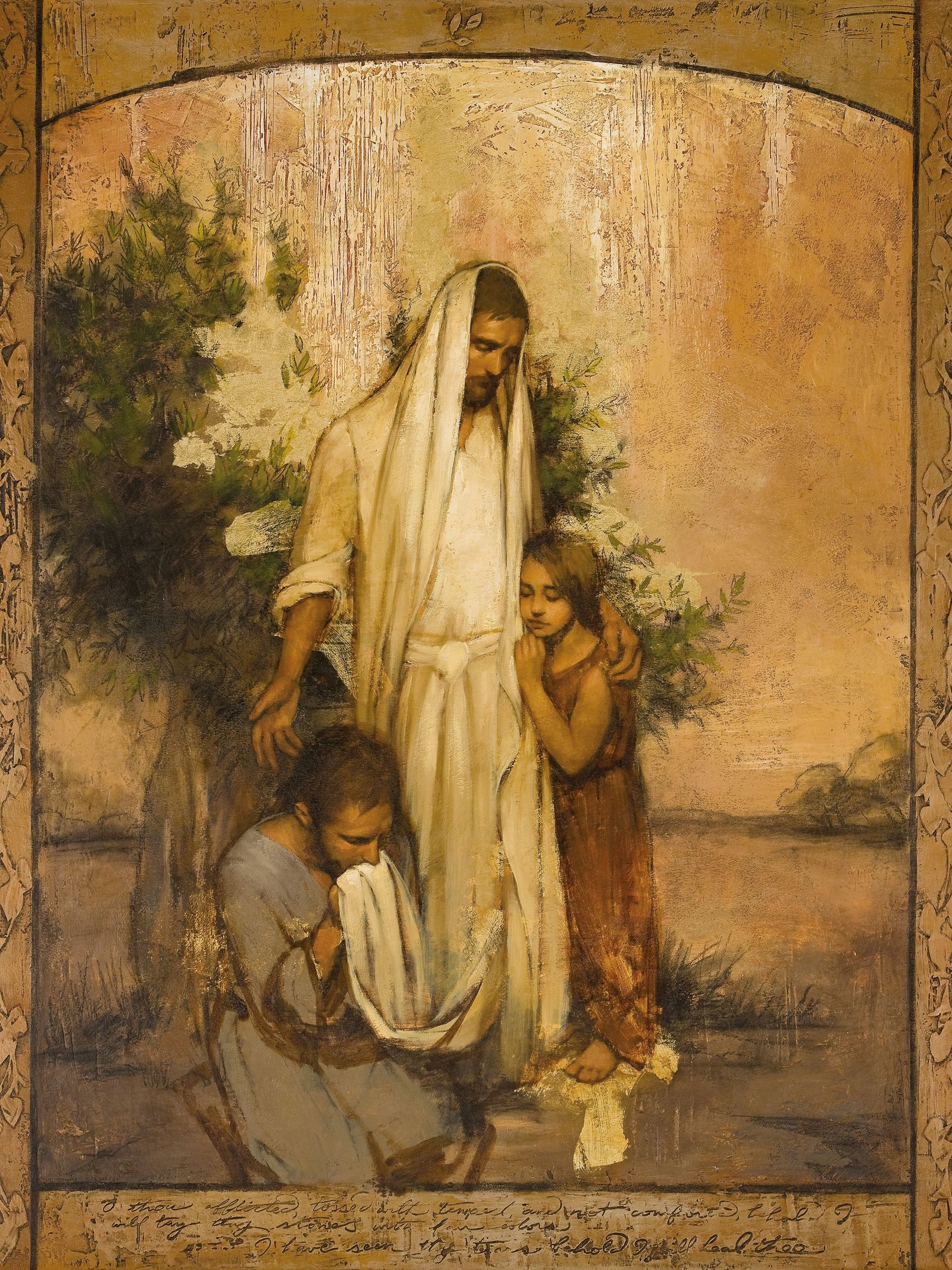 Painting of Christ in white with His arm around a young girl. A man kneels next to Him, kissing the hem of His robe.