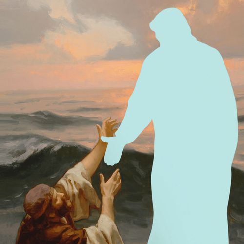 maleri av Jesus Kristus og Peter som går på vannet, der bildet av Jesus Kristus er skåret ut