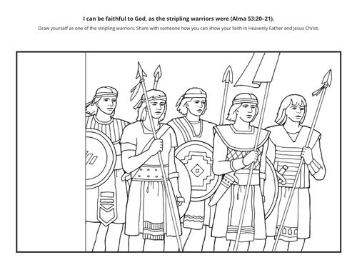 A line-art activity depicting the stripling warriors with swords and shields.