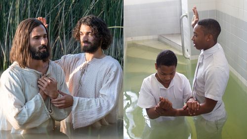 composite image showing Jesus being baptized and a young man being baptized